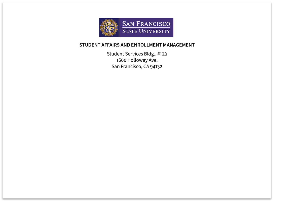 white envelope with university logo and information in the top middle 