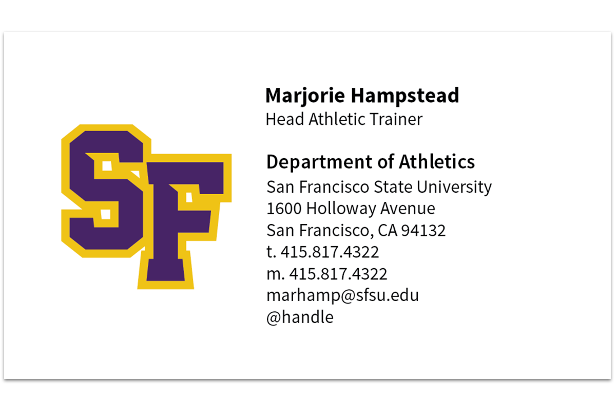 white business card with employee information and athletic logo
