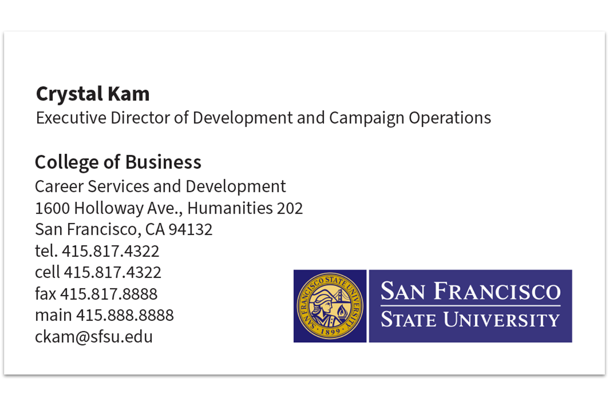 white business card with employee information and university logo