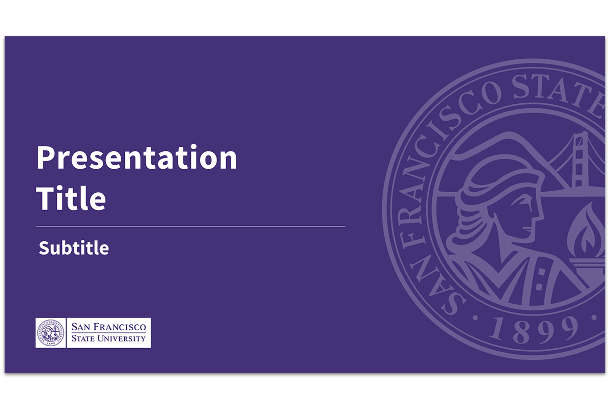 purple presentation slide with white seal