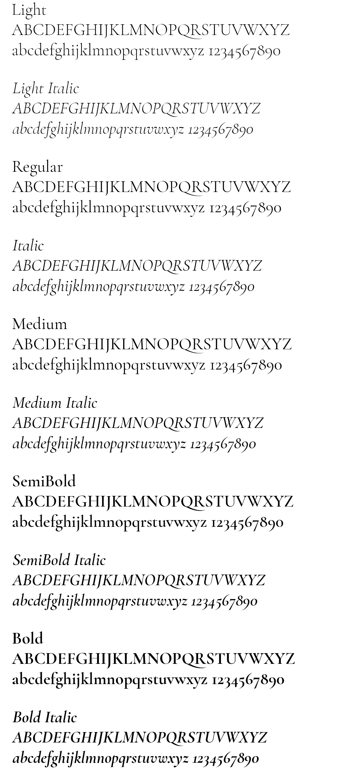 render of Cormorant Garamond font listing the alphabet and numeric characters, in regular, italic, bold, bold italic, styles