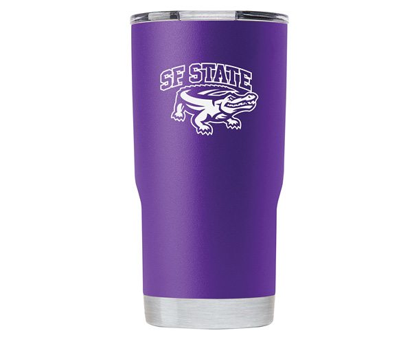 Purple thermos with SF State text and gator